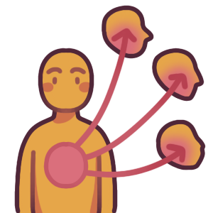 A person standing with a pink circle on their chest. The circle has three arrows that lead to three profiles to represent other system members, which have pink blending in them from the direction of the arrows.